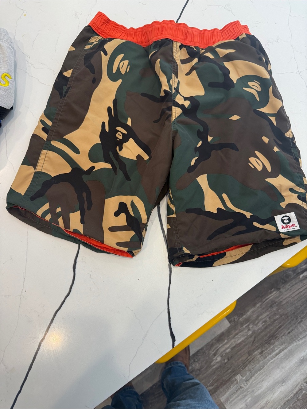 AAPE Camo Swim Shorts - Green/Brown with Red Waistband